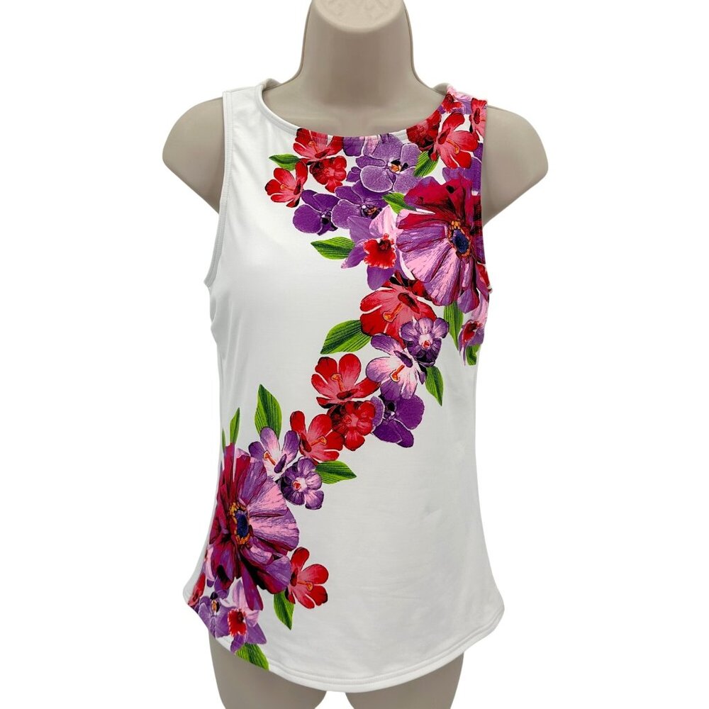 NWOT Lands End Womens Swim Floral Print White Tankini Top Built-In Bra Size 6